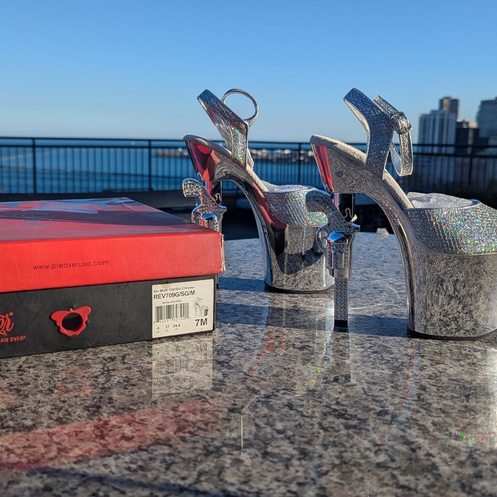 Pleaser Silver Chrome Revolver Platform Heels